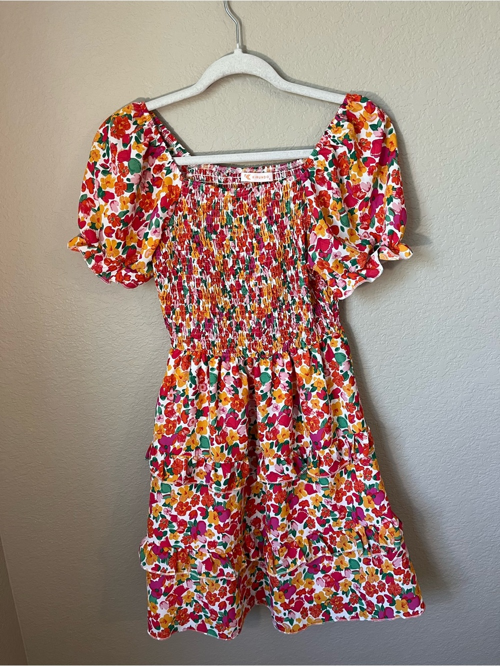 Kirundo Floral Smocked Mini Dress Small Puff Sleeve Tiered Cottagecore Spring
